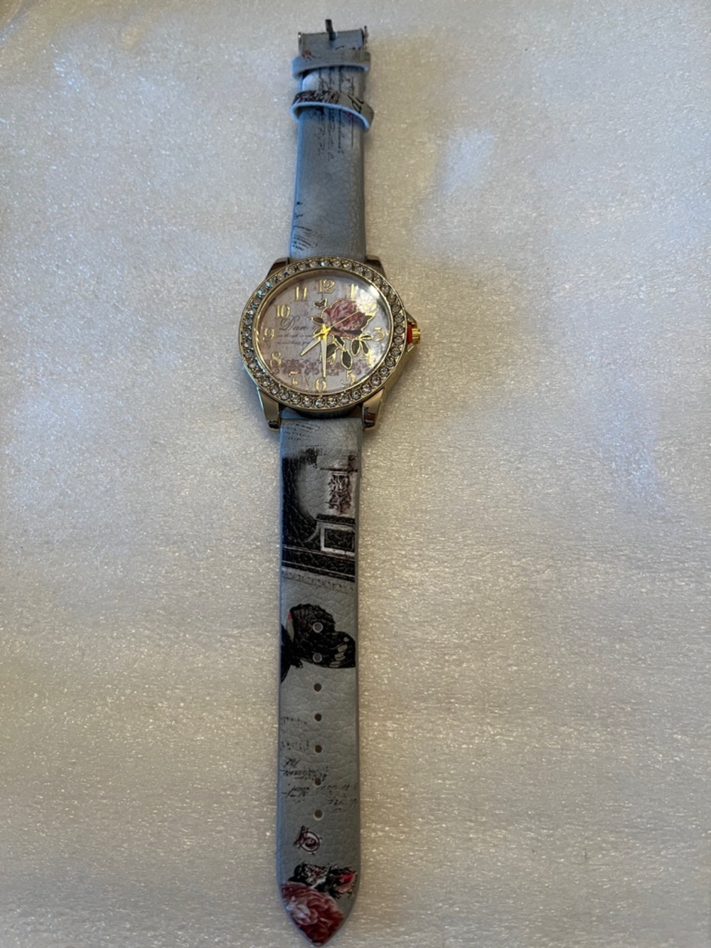 Floral Dial Rhinestone Accent Women's Watch in Light grey